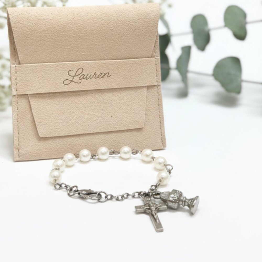 Personalized First Communion Girl's Pearl Bracelet with Cross and Eucharist